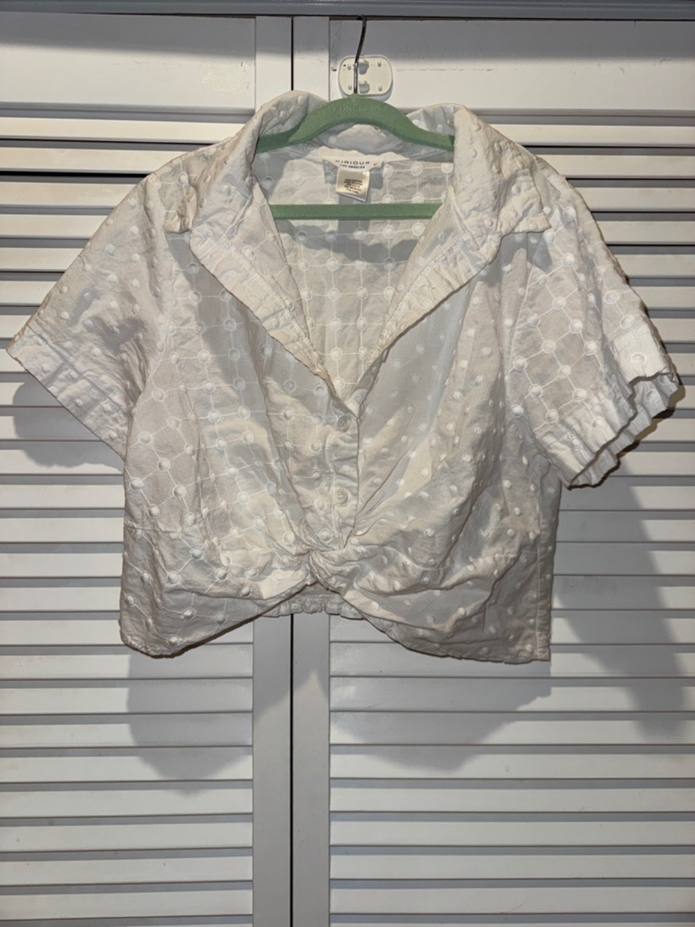 White Eyelet Knot-Front Short Sleeve Button-Down Shirt